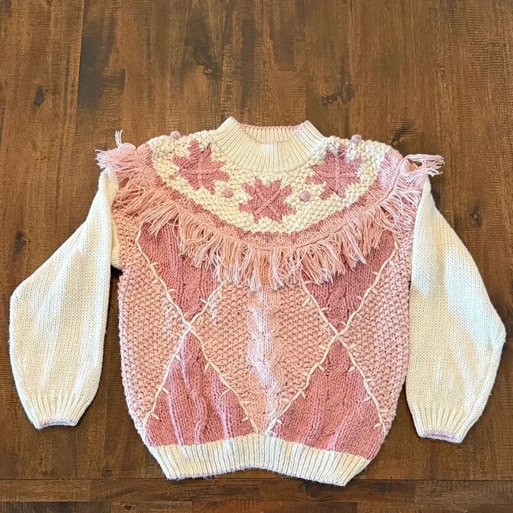 Huntington Ridge Pink and Cream Fringe Women's Sweater